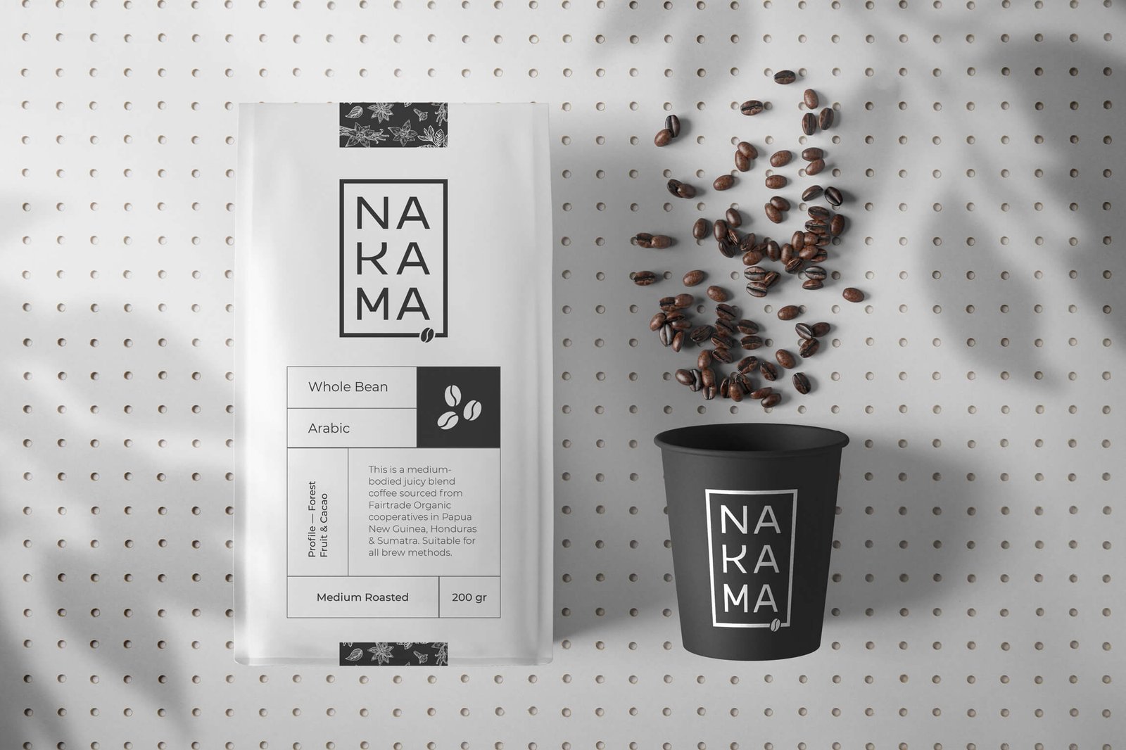 Image showing a coffee bag with Nakama Coffee mlogo and a packaging information next to a coffee cup with the logo.